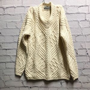 Aran Crafts Ireland Cable Knit Merino Wool Sweater V-Neck Sz M Ivory Cream White